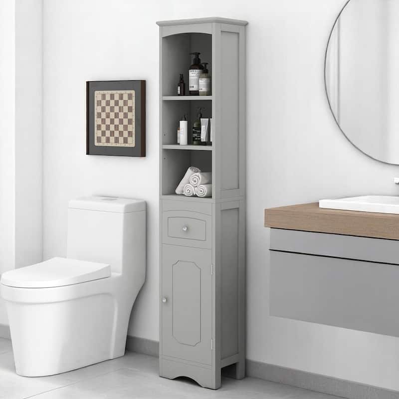 Slim Freestanding Bathroom Cabinet with Drawer and Doors, Adjustable Shelf, Waterproof MDF Storage Unit - Grey