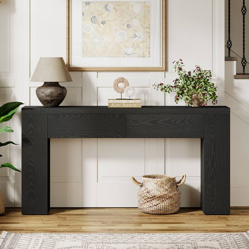 63-Inch Wooden Console Table with 2 Hidden Drawers, Sofa Table for Living Room, Hallway, Entrance, Foyer