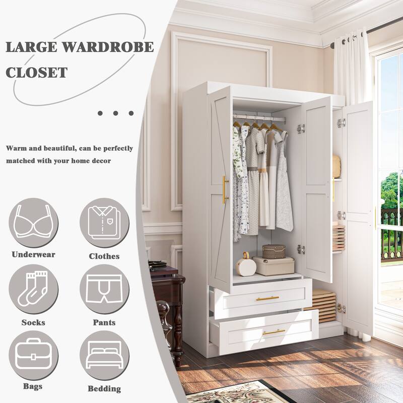 Classic Three-Door Wardrobe,Wood Bedroom Armoire with Hanging Rod and Shelves,Spacious Storage Closet,Modern Farmhouse Design