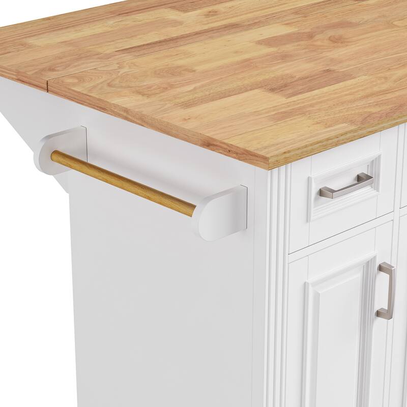 54inch Kitchen Island with Rubber Wood Drop Leaf, Embossed Texture Rolling Kitchen Cart on 4 Wheels with 4 Doors and 3 Drawers