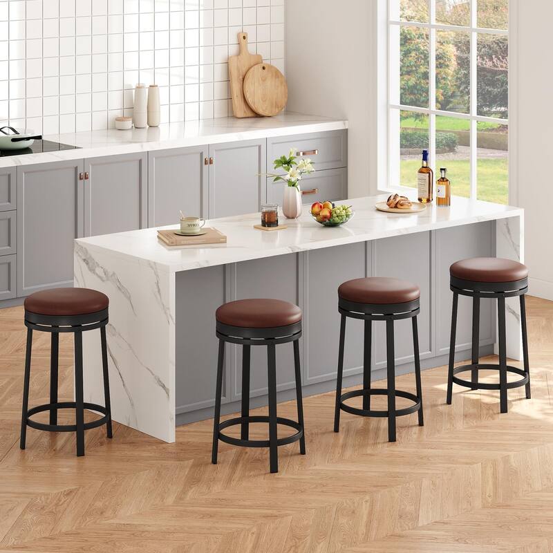 Swivel Bar Stools, Set of2/ 4 Bar Chairs, 61 cm High Kitchen Counter Stools with Faux Leather Seat and Sturdy Metal Frame - Brown - 4PC