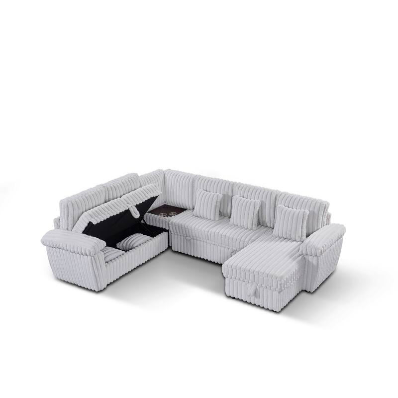 110" U-shaped Corduroy Sectional Sofa, Corner Coffee Table with USB port, Pull-out Bed