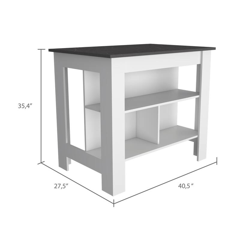 Cala Kitchen Island, Four Legs, Three Shelves -White / Onyx