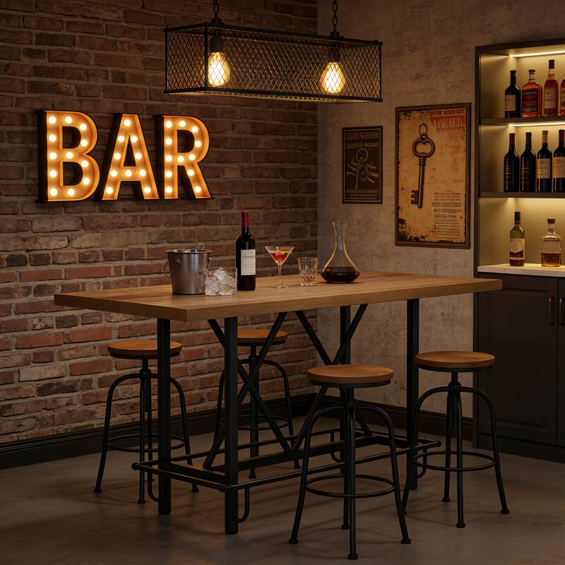 6-People Counter Bar Height Pub Table withe Footrest, Tall Bar Table with Thicken Wood Tabletop and Metal Frame for Home/Kitchen