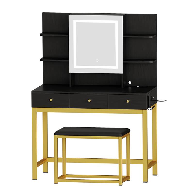 Moasis 3 Drawers Vanity Desk with Mirror Lights and Hidden Storage Shelves - Black