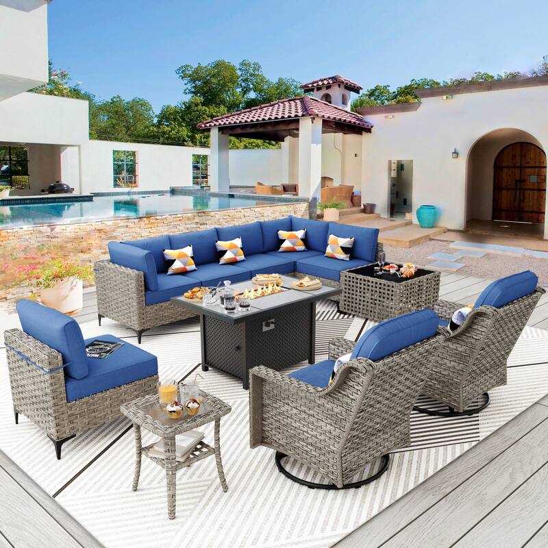 XIZZI 11-piece Patio Rattan Wicker Furniture Set with Fire Pit Table - Navy Blue