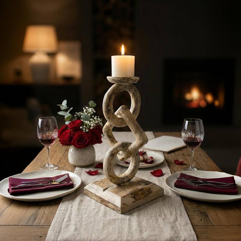 Wood Chain Link Candle Holder - Hand Carved Rustic Whitewashed Candle Stand, Decorative Accent