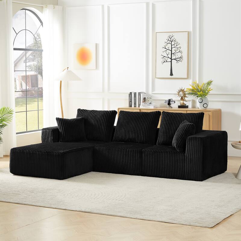 L Shaped Modular Sectional Sofa, Corduroy Upholstered Cloud Couch, Full-Compressed 4 Seat Sofa for Living Room - Black