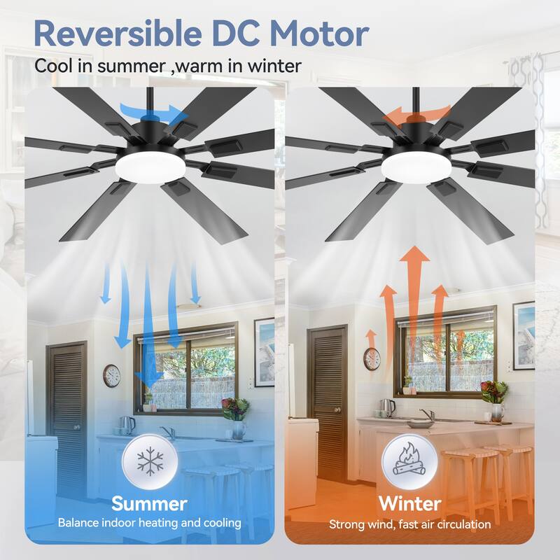 48"/52"/60"/72" Modern Black LED Ceiling Fan with Light Remote (5/6/8 Reversible Blades)