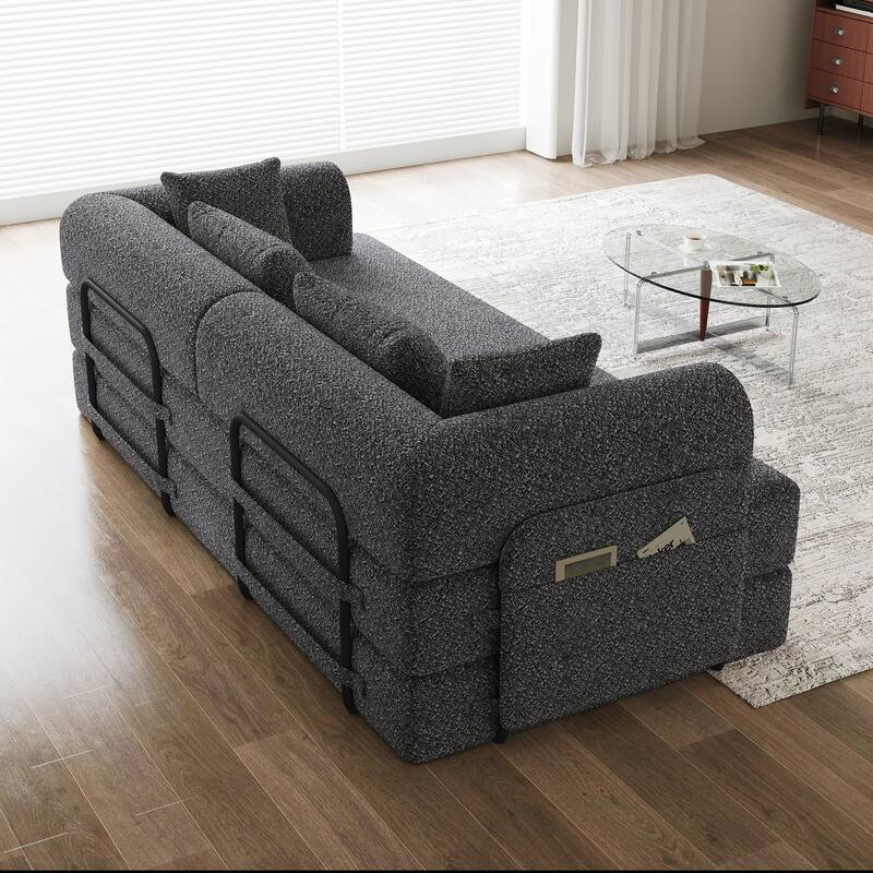 Chenille Floor Lounge Couch Convertible Sleeper Sofa Bed Folding Mattress with Cylindrical Pillow, Side Pocke and Metal Frame