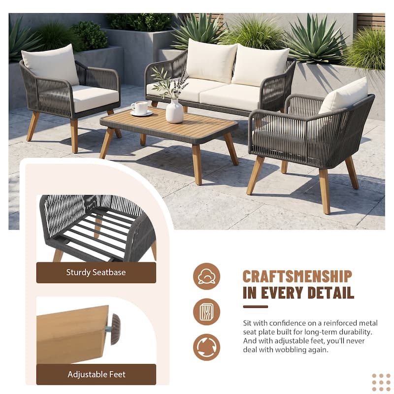 Outdoor 4 Pieces Rope Conversation Set with Cushions