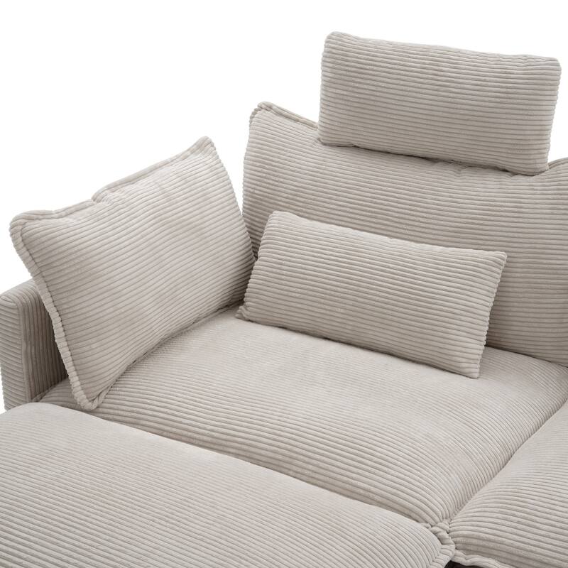 Modern Cream Corduroy 4-Seater Sectional Sofa with Adjustable Headrests, Pocket Spring Seats & Chaise Lounge