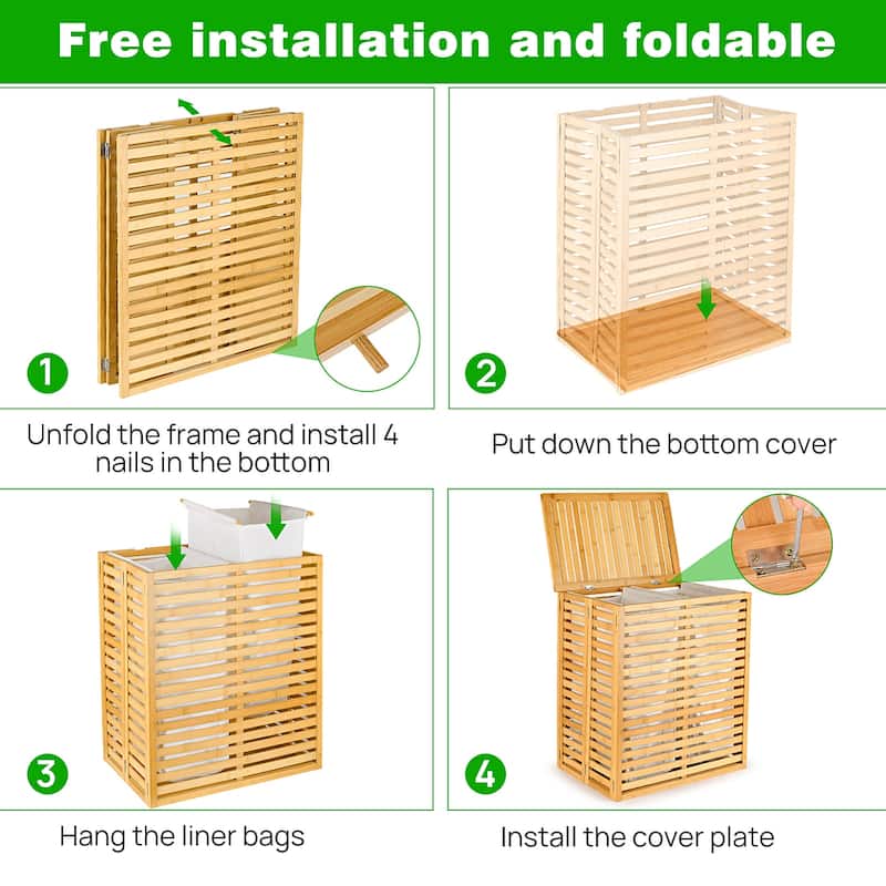 Natural Bamboo Dual-Section Laundry Hamper Foldable with Removable Liner & Ventilated Lid - 21.69""L x 13.85""W x 25.39""H