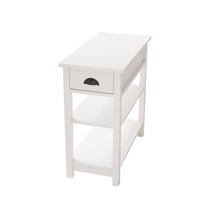 Modern Narrow Sided Table Nightstand with Drawers and Bottom Partition in Flip Over Design