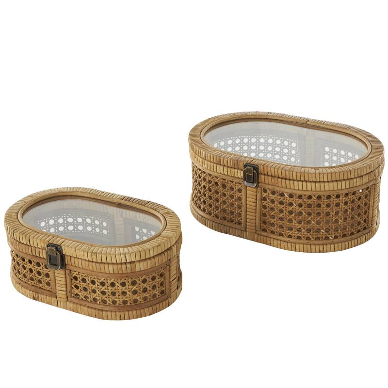Rattan Handmade Wrapped Oval Storage Decorative Box with Cane Panels and Tempered Glass Top - Set of 2 Brown - Roche River Decor - Brown