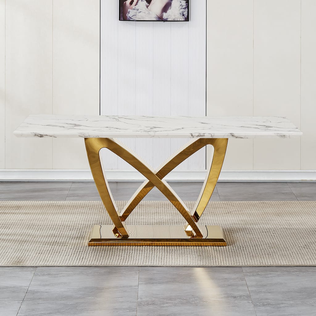 70'' Rectangle Faux Marble Dining Table with Mirrored Finish Stainless Steel Base - Gold+White