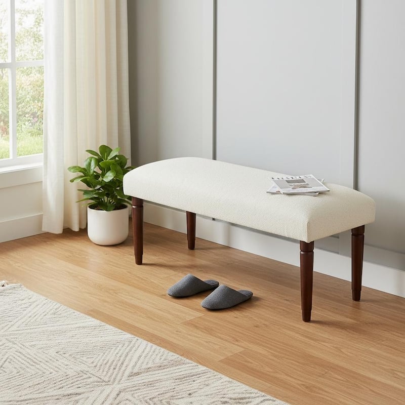 HomeRoots 47" Cream and Brown Boucle and Solid Wood Upholstered Bench - 47.00 in. x 18.00 in. x 16.00 in. - 47.00 in. x 18.00 in.  x 16.00 in. - Cream