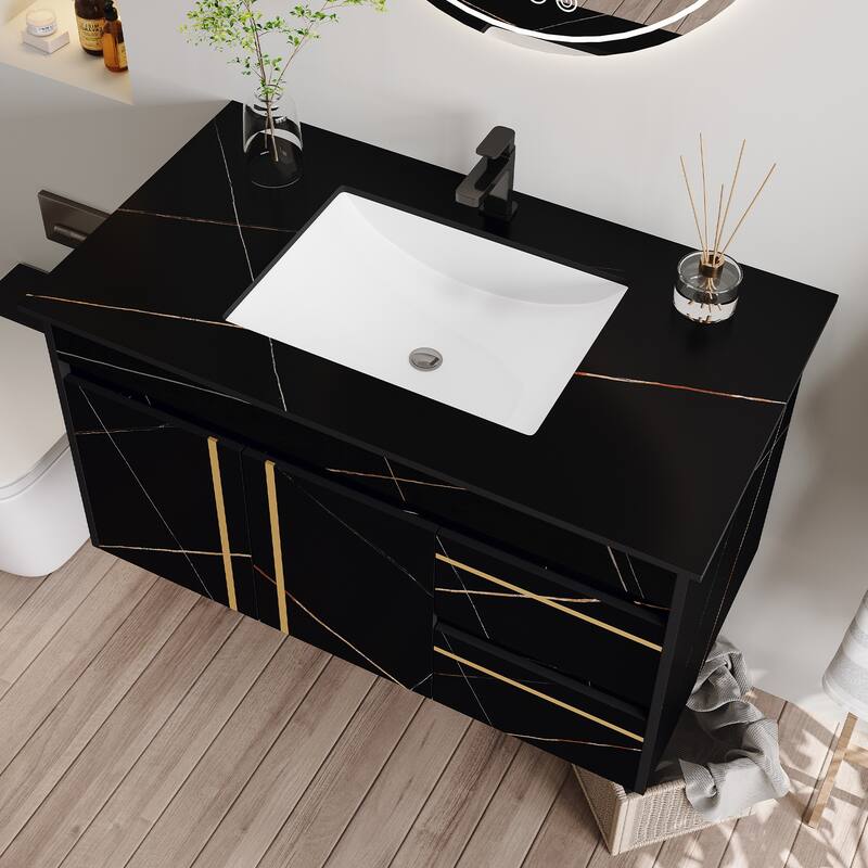GDFStudio - Luxury 35.4" Floating Wall-Mounted Sintered Stone Bathroom Vanity with Ceramic Sink & Soft-Close Drawers - 35.5"