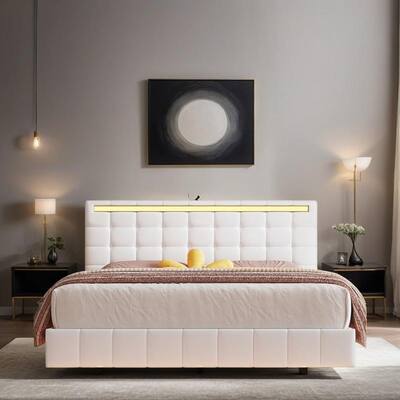 Queen Size Floating Bed Frame with LED Lights and USB Charging, Modern Upholstered Platform LED Bed Frame, White