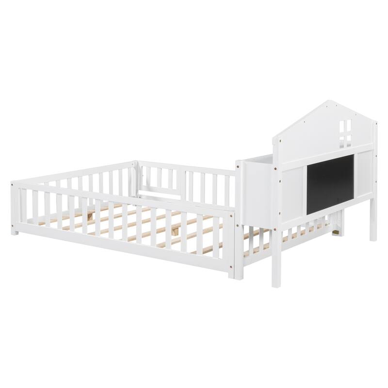 Full-size Montessori Floor Bed with Bookcases, Blackboards & Guardrails, Solid Wood Kids Platform Bed with Storage Headboard