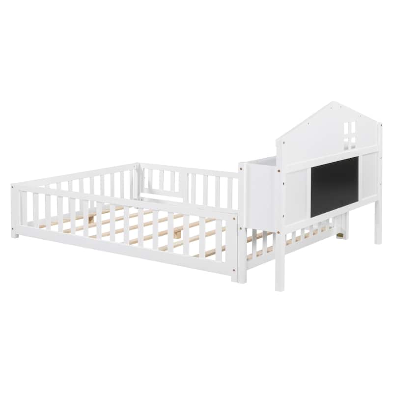 Montessori Floor Bed Full Size Platform Bed with House-shaped Bookcases Headboard, Blackboard, Storage Shelves, Fence and Door