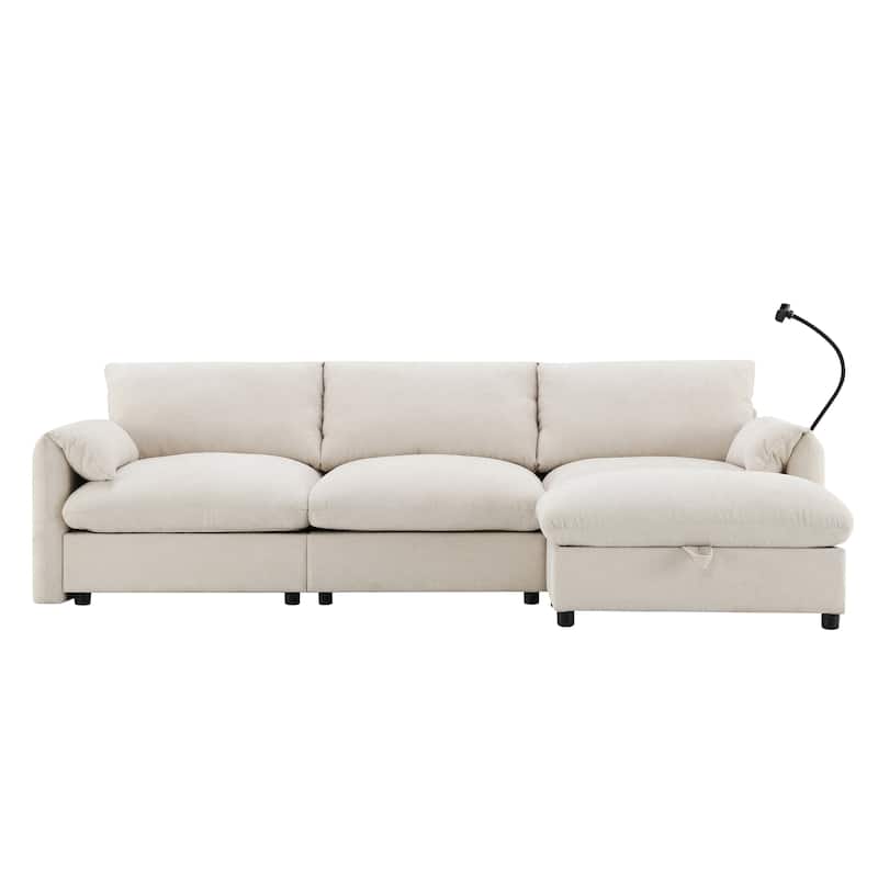 96.5" Chenille L-Shaped Sectional Sofa with Storage Ottoman, Adjustable Phone Holder, USB Charger and Armrest Storage Pockets