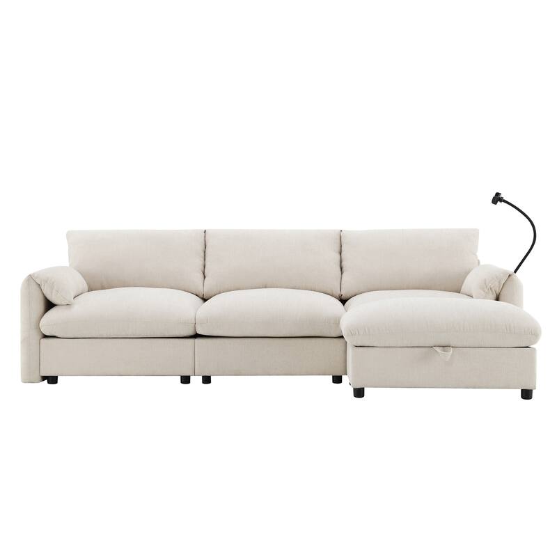 L Shaped Chenille Sectional Sofa with Storage Ottoman, Pockets, USB