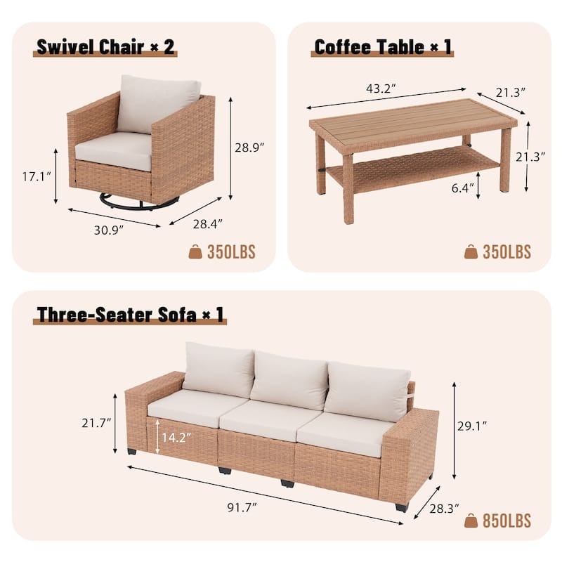 4-Piece Outdoor Conversation Set with Swivel Chair and 3-Seater Sofa with Soft Cushion and Coffee Tables PE Wicker Rattan