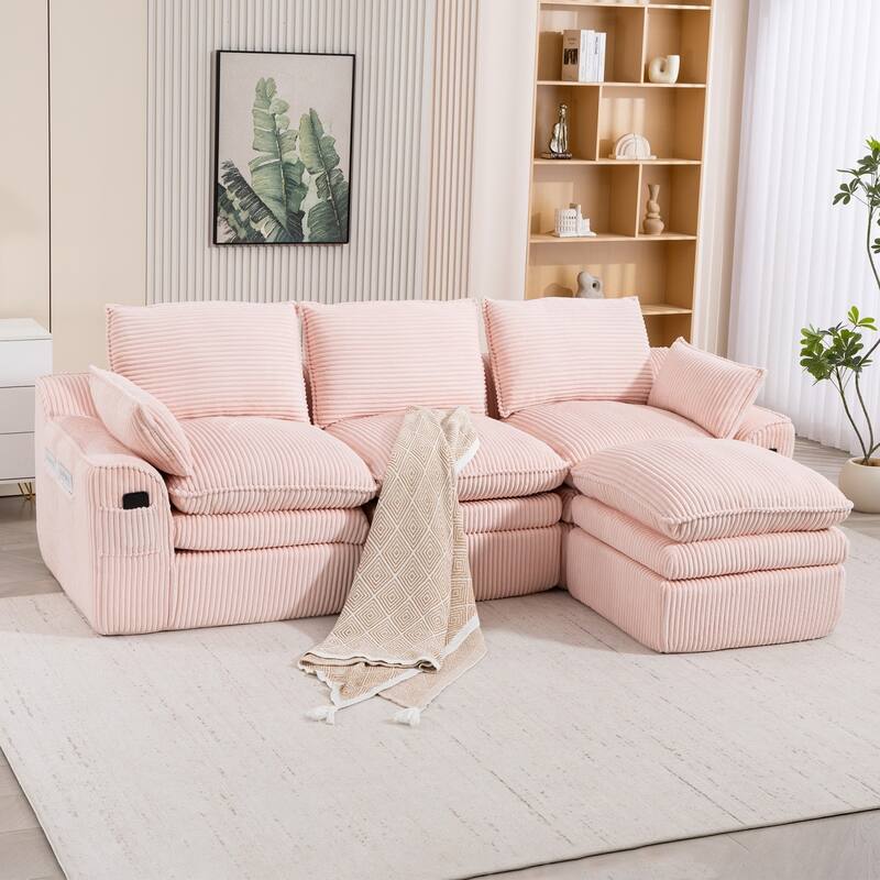 103" L-Shaped Corduroy Boneless Sectional Sofa with Movable Ottoman - Pink