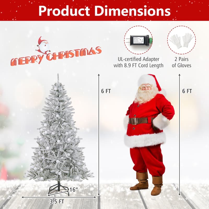 Gymax 6/7/8 FT Snow-flocked Artificial Christmas Tree w/51/65/81 - Green+White