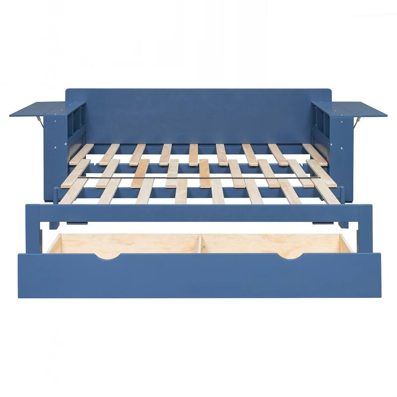 Queen Size Daybed with Removable Desk, Storage Drawers & Hydraulic Side Table