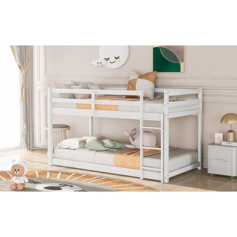 Low Profile Twin Over Twin Bunk Bed with Ladder, White, Solid Wood, Space-Saving Design