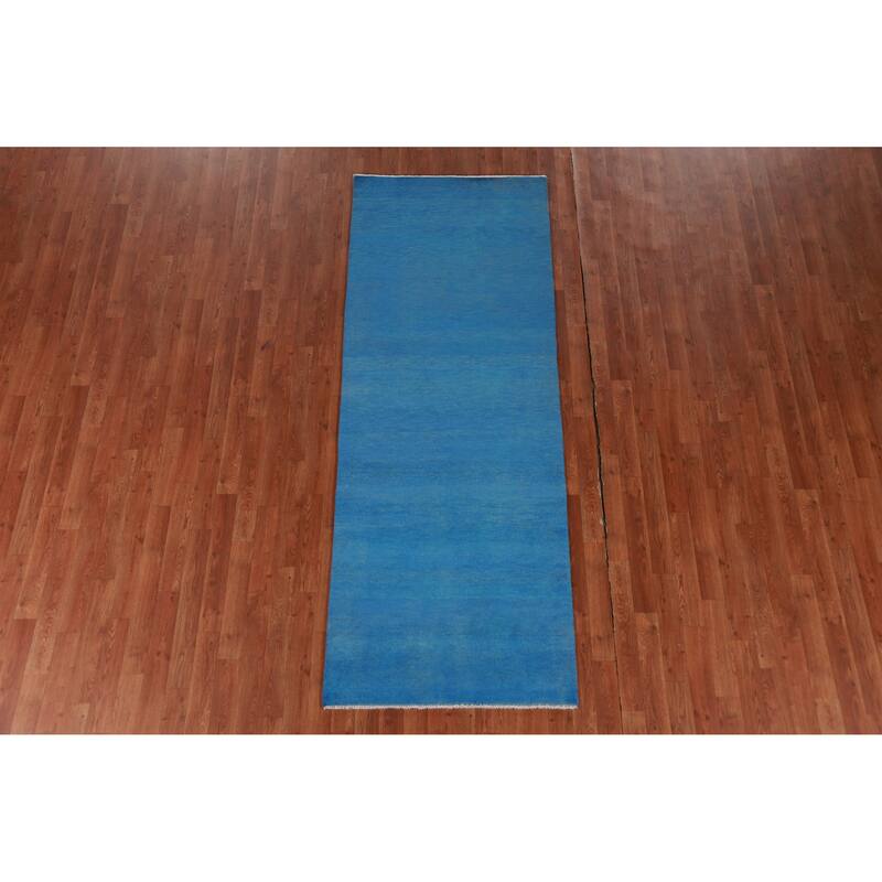 Hand Knotted Oriental 100% Wool Carpet Modern Solid Navy Blue & Blues Gabbeh Runner Rug - 8' 1'' X 3' 0''