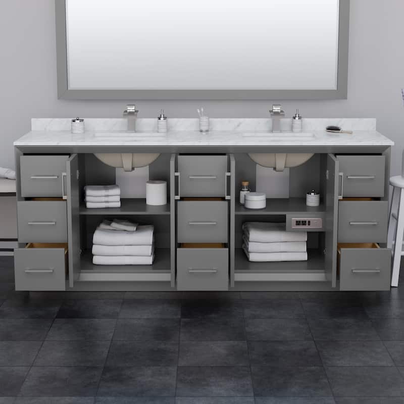 Strada 84-Inch Double Vanity Set, Carrara Marble Top, 70-Inch Mirror