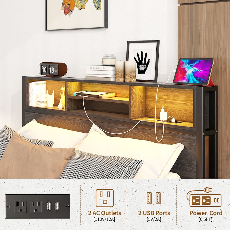 Bed Frame with Storage Headboard, Metal Platform Bed with Charging Station,Bookcase Storage