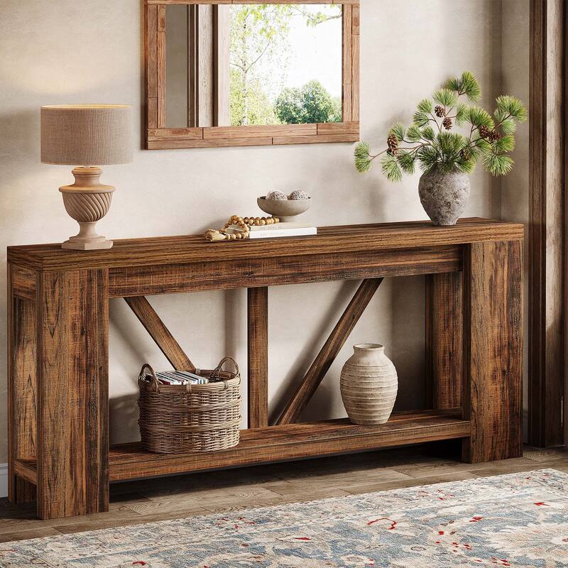 70.9-Inch Extra Long Console Table, 2-Tier Farmhouse Sofa Table Behind Couch