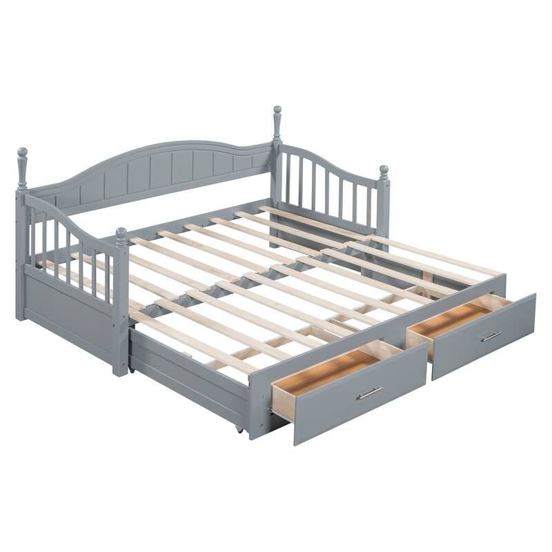 Twin to Full Extendable Daybed with Pull-out Trundle Bed & 2 Storage Drawers, Arc Shaped Hollow Huardrails on Both Sides