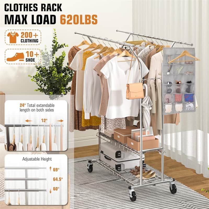 Heavy Duty Clothes Rack Rolling Clothing Rack - 40"D x 22"W x 4"H