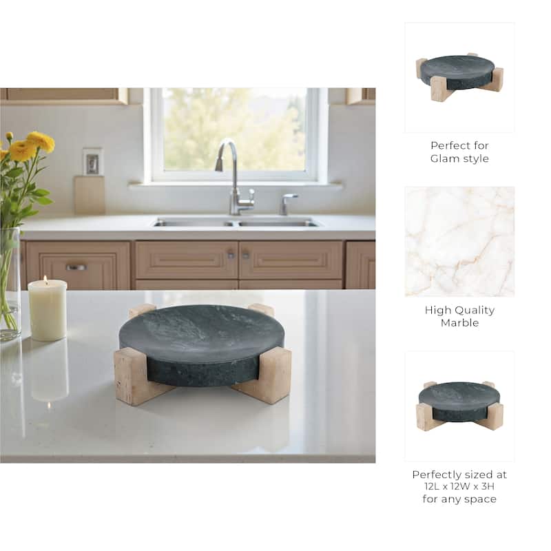 Marble Stone Decorative Tray Geometric Base Sleek Glam Modern - 12" x 12" x 3"