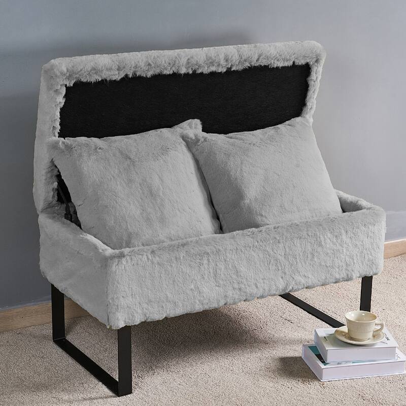 Heavy FauxFur Storage Ottoman with 2 Pillow Set