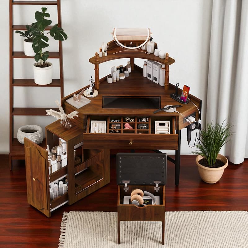 Modern Corner Makeup Vanity Desk with Stool, Charging Ports, Glass Tabletop, Removable Side Cabinet, Drawer & Storage Shelves