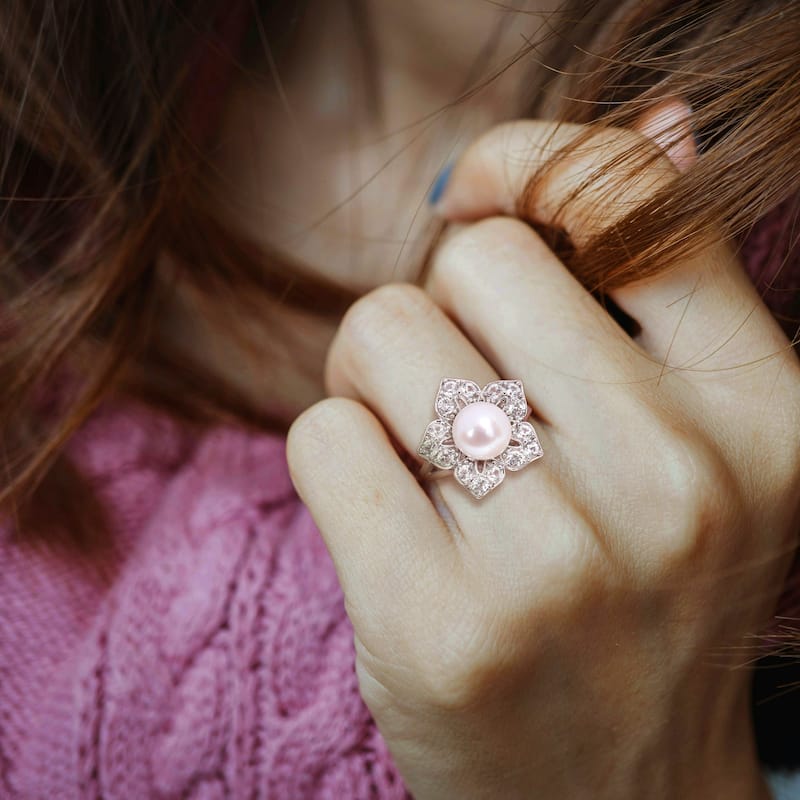 Miadora 8.5-9mm Cultured Freshwater Pearl and 1 1/3ct TGW Created White Sapphire Floral Pearl Ring in Sterling Silver