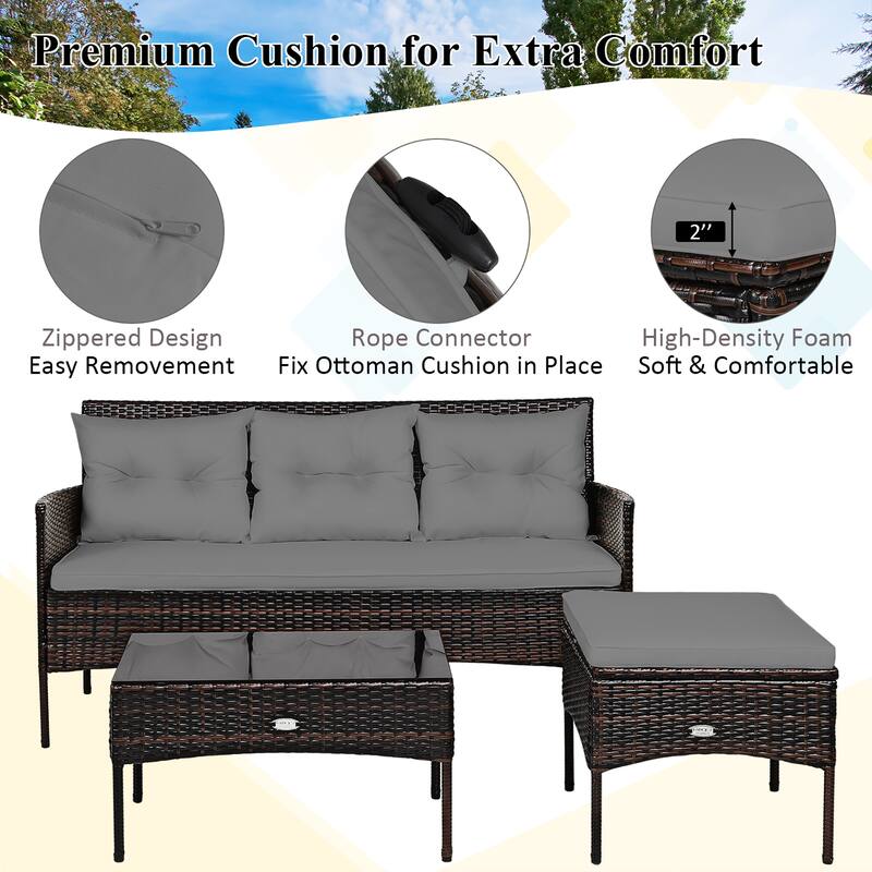 Costway 3PCS Patio Rattan Furniture Set 3-Seat Sofa Cushioned Table - See details