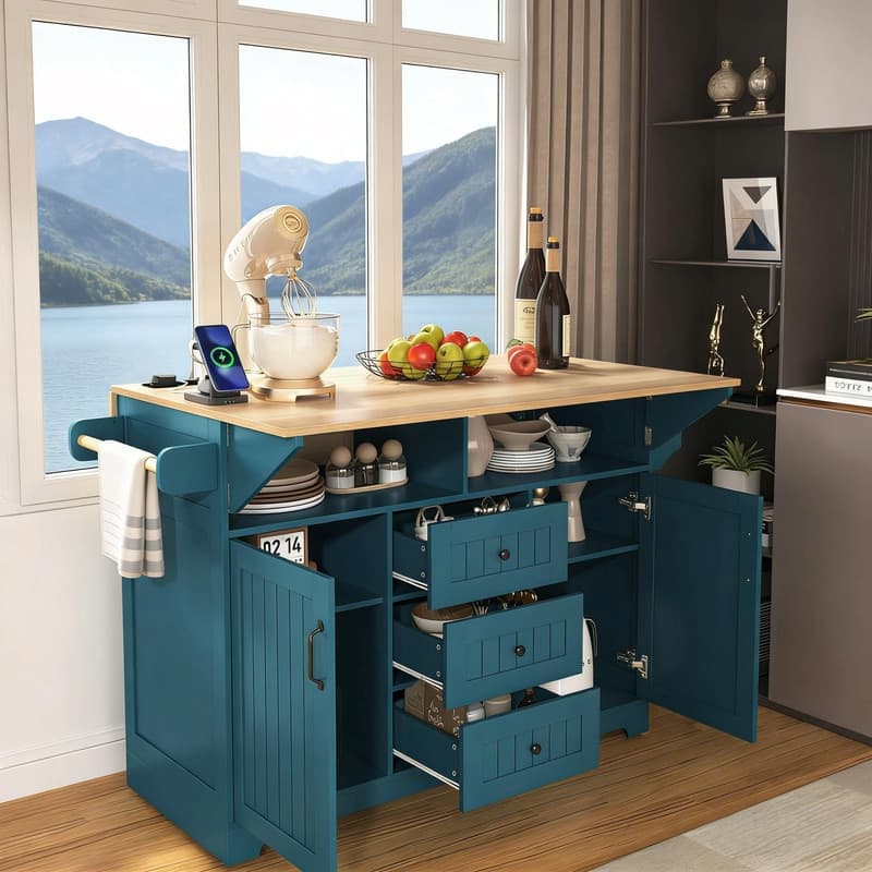 55.7" Rolling Kitchen Island with Double Drop Leaf, Power Outlet, 3 Drawers, Spice & Towel Rack, Folding Dining Table Cart