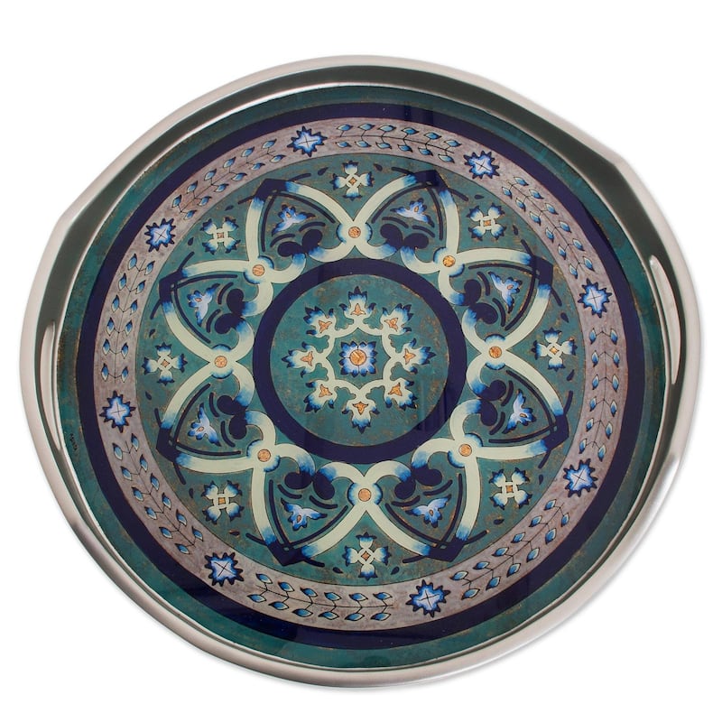 NOVICA Reverse-painted glass tray, 'Floral Intricacy in Silver'