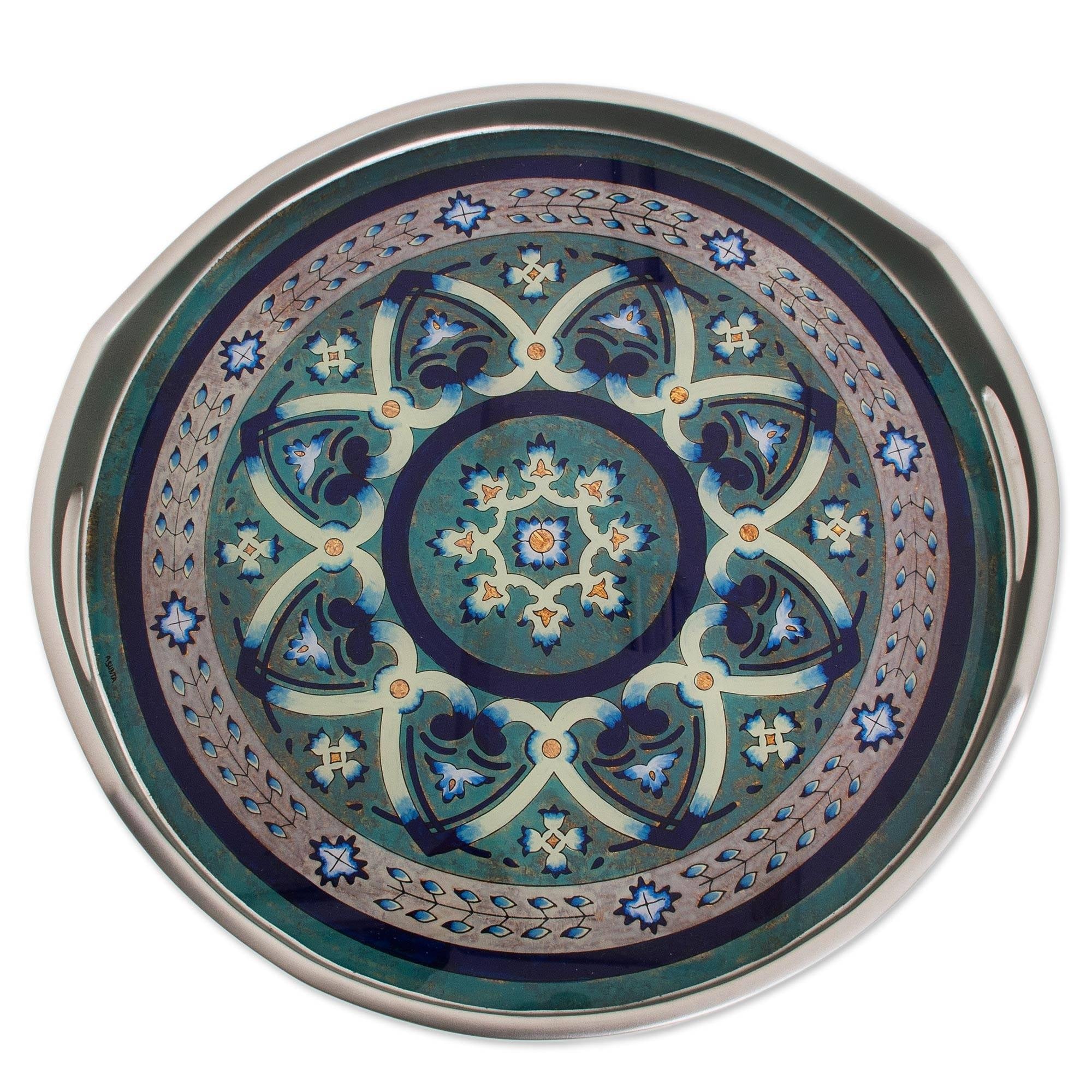 NOVICA Reverse-painted glass tray, 'Floral Intricacy in Silver'