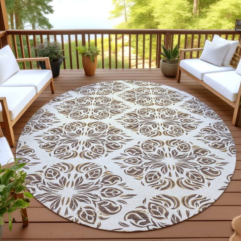 Machine Washable Indoor/ Outdoor Damask Pearl Chantille Rug - Fudge - 8' x 8'