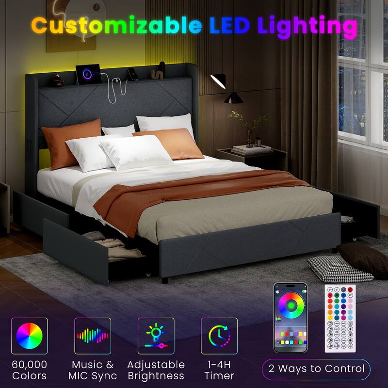 Gymax Bed Frame w/LED Lights Charging Station 2 Storage Pockets & 4