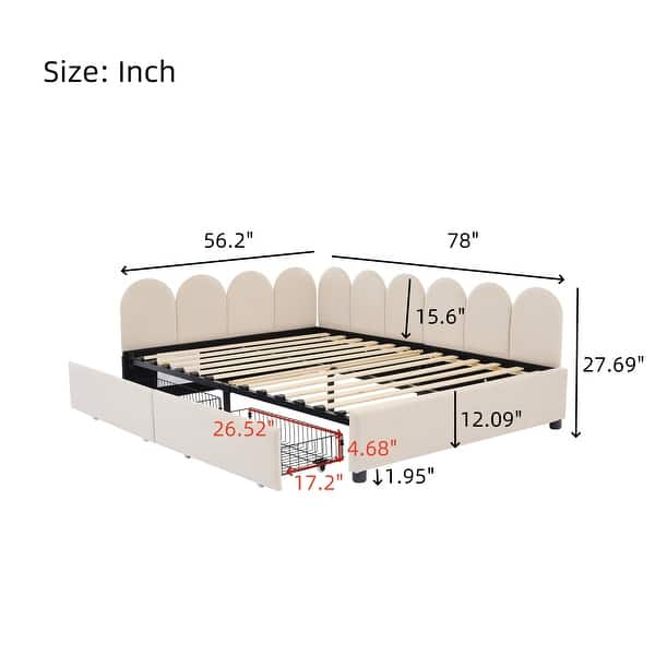 Beige Full Size Velvet Platform Bed Daybed with 2 Drawers