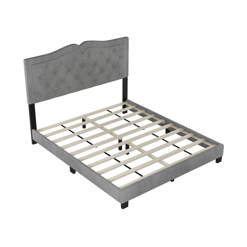 Queen/Full Size Upholstered Bed Frame with Rivet Design, Modern Velvet Platform Bed with Tufted Headboard
